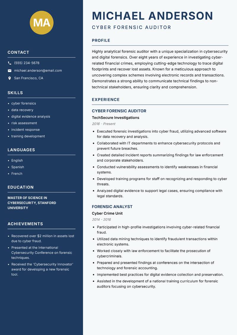 Forensic Auditor resume sample — Cyber Forensic Auditor focus