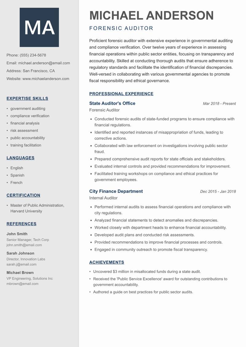Forensic Auditor resume sample — Forensic Auditor focus