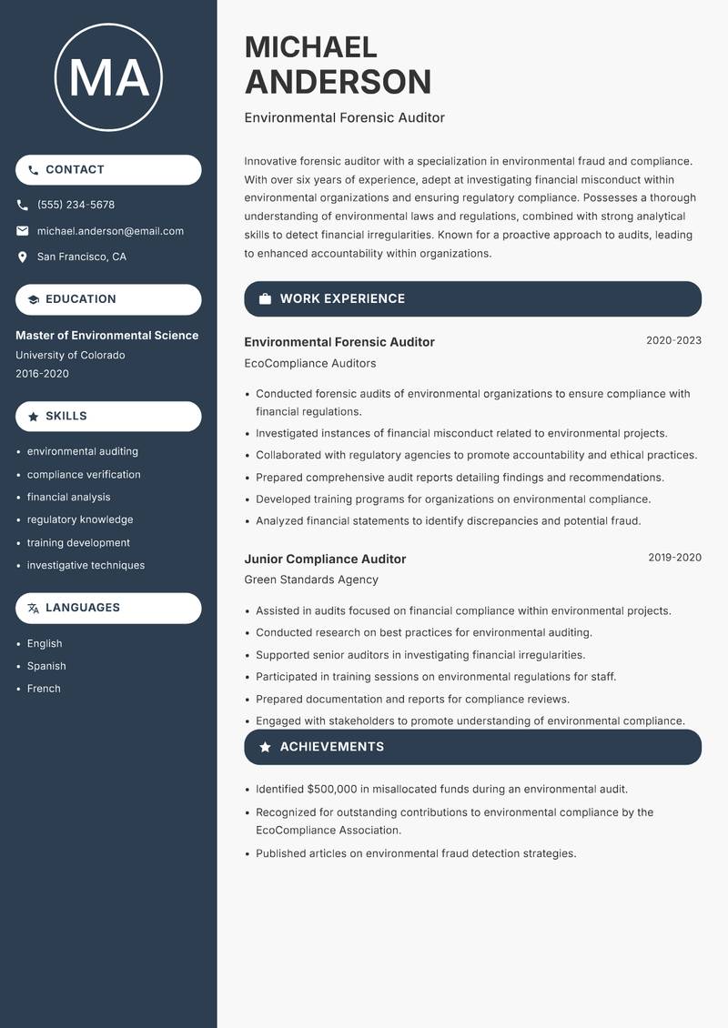 Forensic Auditor resume sample — Environmental Forensic Auditor focus
