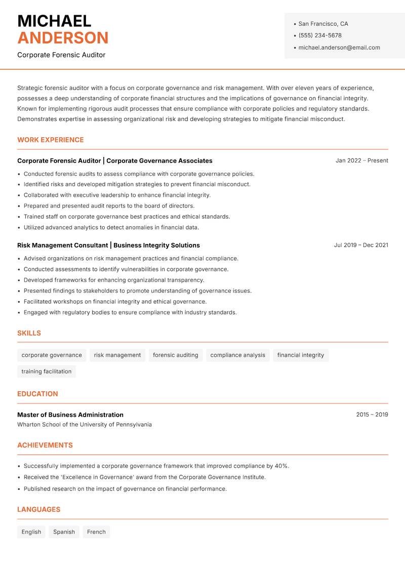Forensic Auditor resume sample — Corporate Forensic Auditor focus