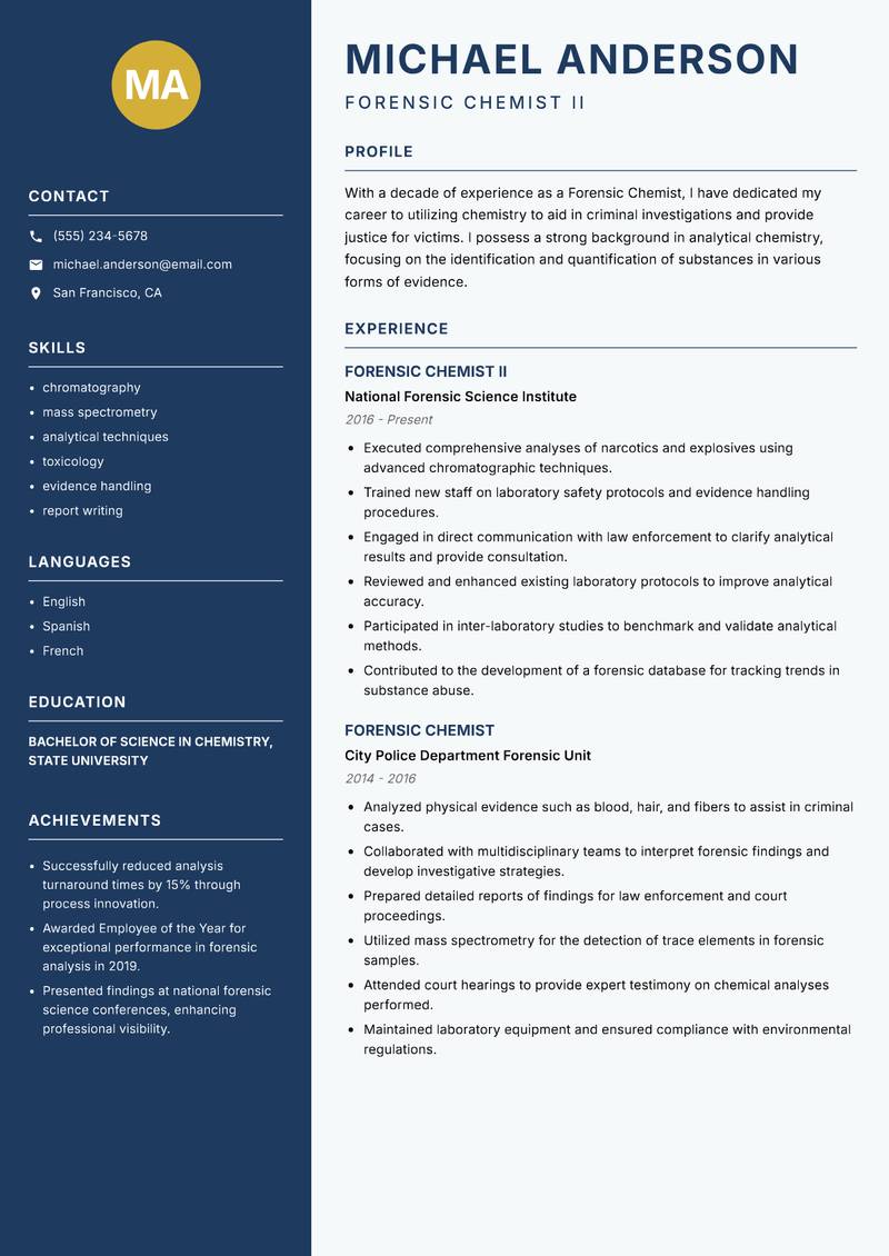 Forensic Chemist resume sample — Forensic Chemist II focus