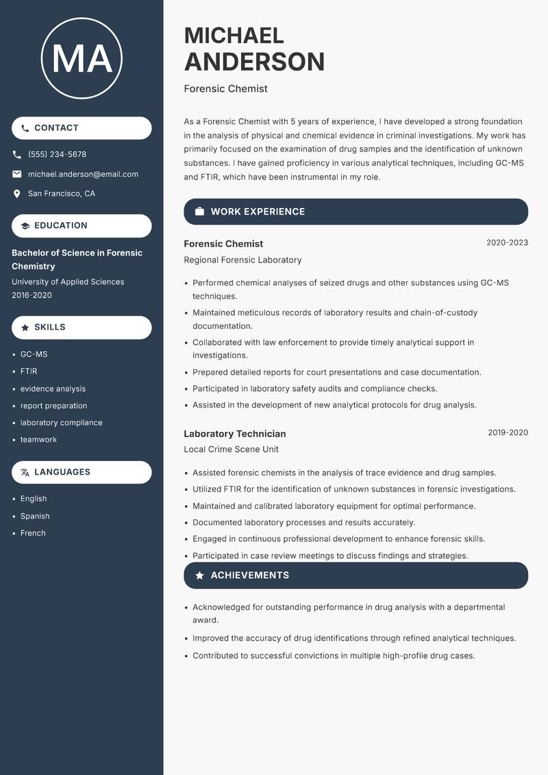 Forensic Chemist resume sample — Forensic Chemist focus