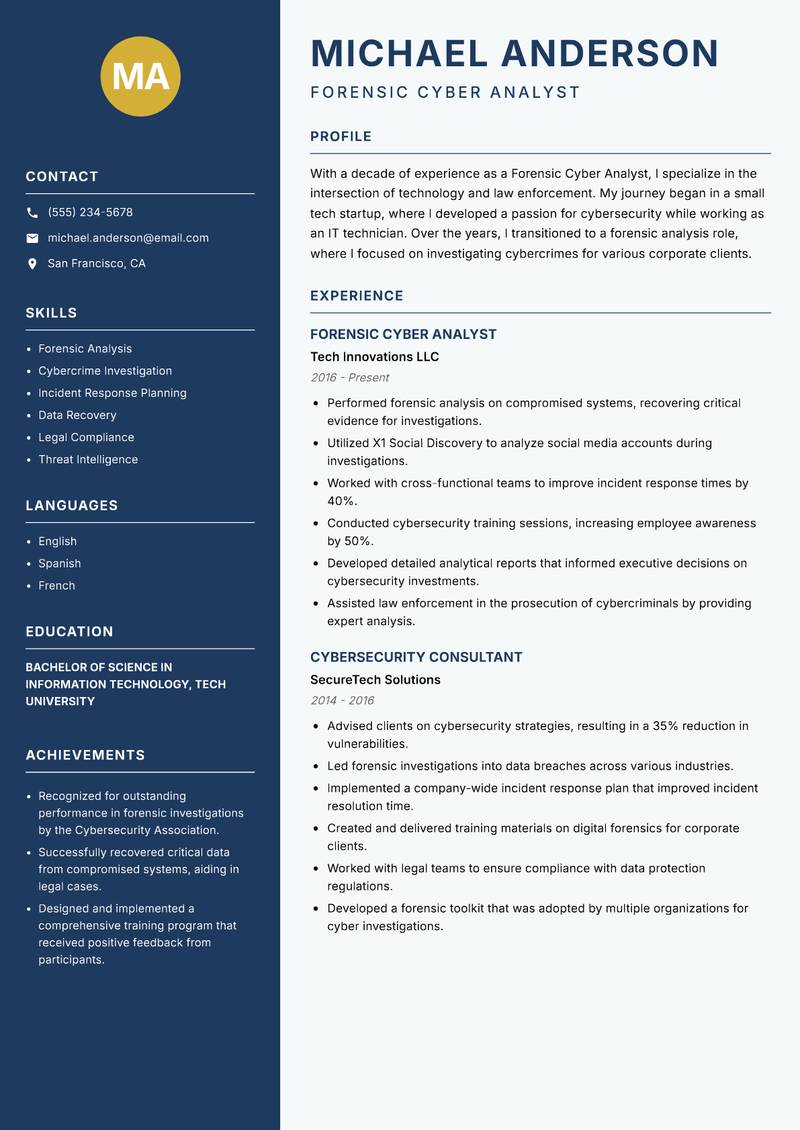 Forensic Cyber Analyst resume sample — Forensic Cyber Analyst focus