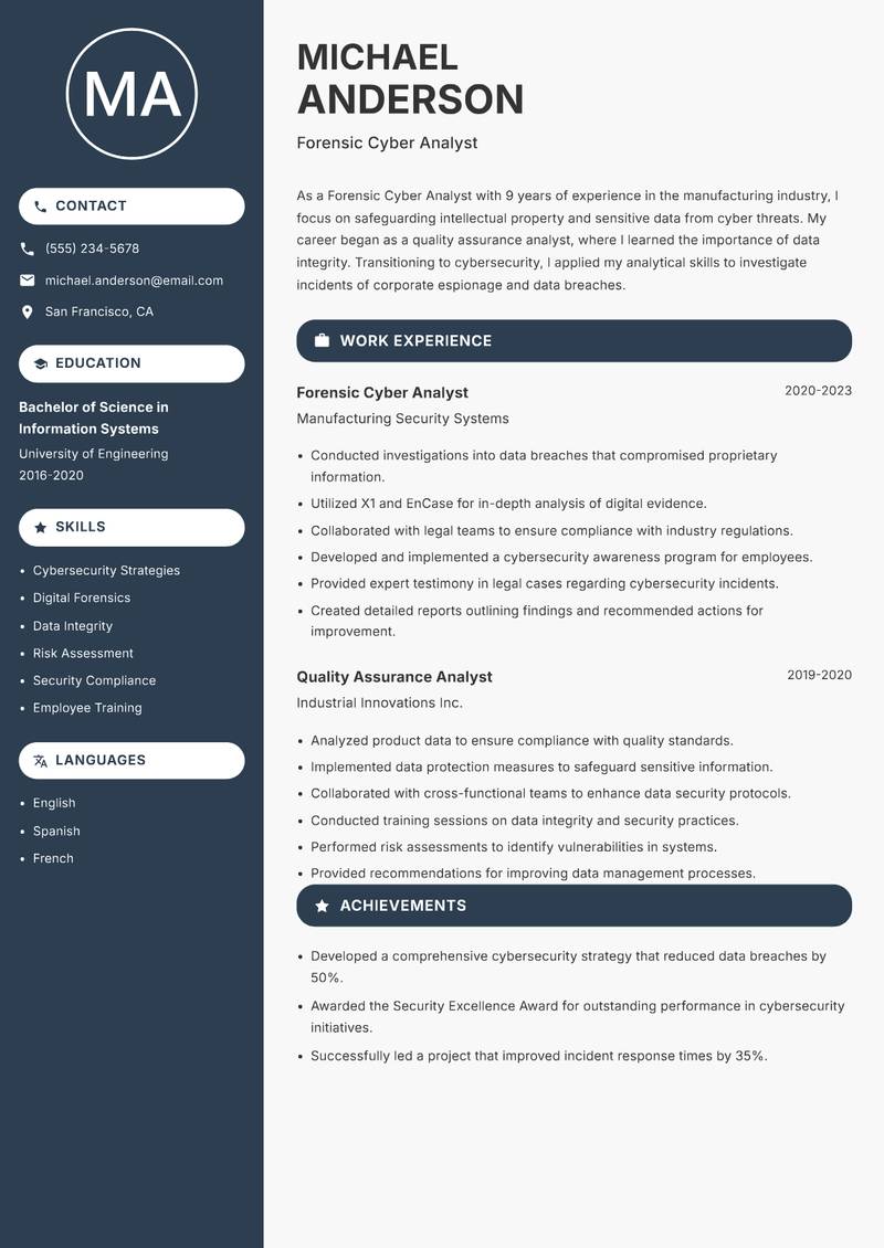 Forensic Cyber Analyst resume sample — Forensic Cyber Analyst focus