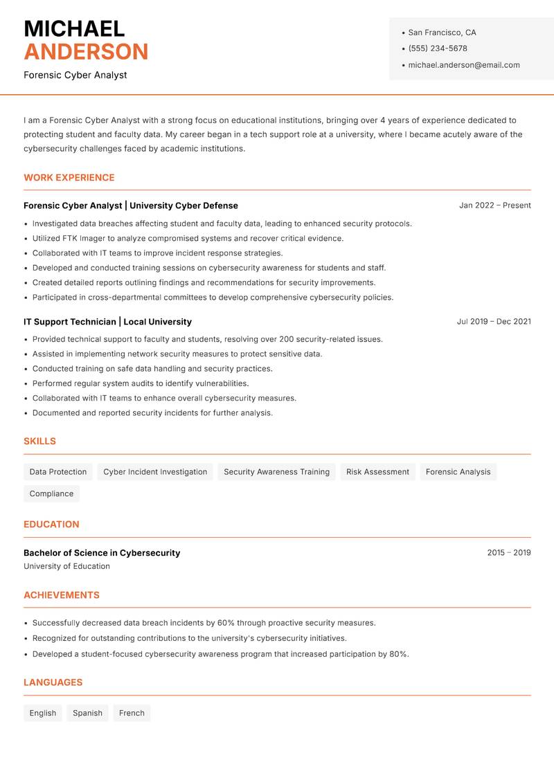 Forensic Cyber Analyst resume sample — Forensic Cyber Analyst focus