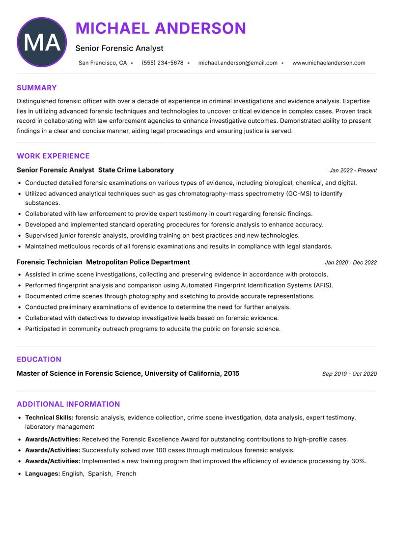 Forensic Officer resume example