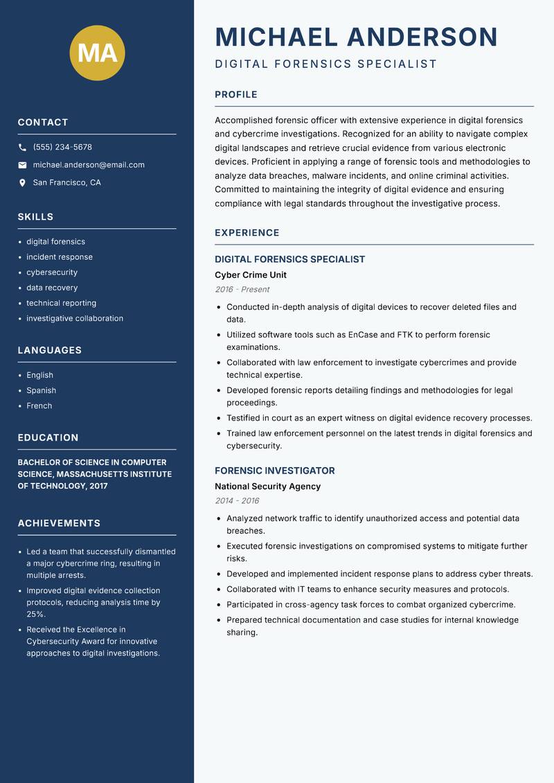 Forensic Officer resume sample — Digital Forensics Specialist focus