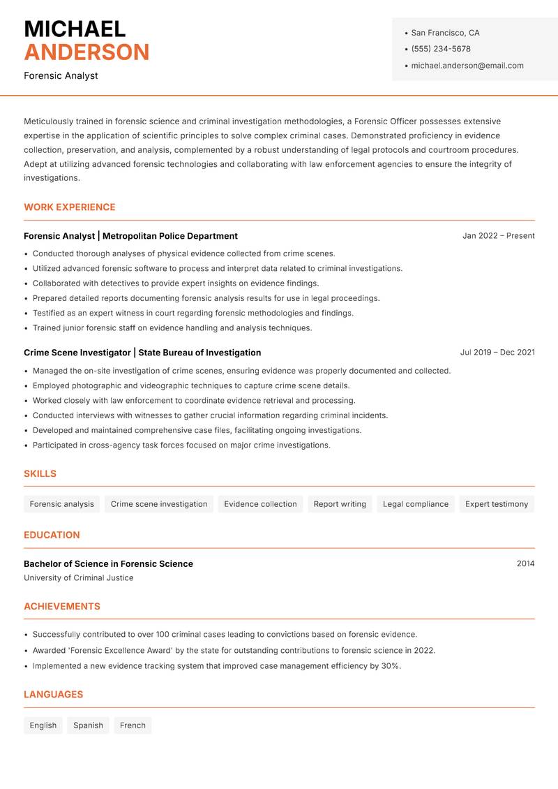 Forensic Officer resume sample — Forensic Analyst focus