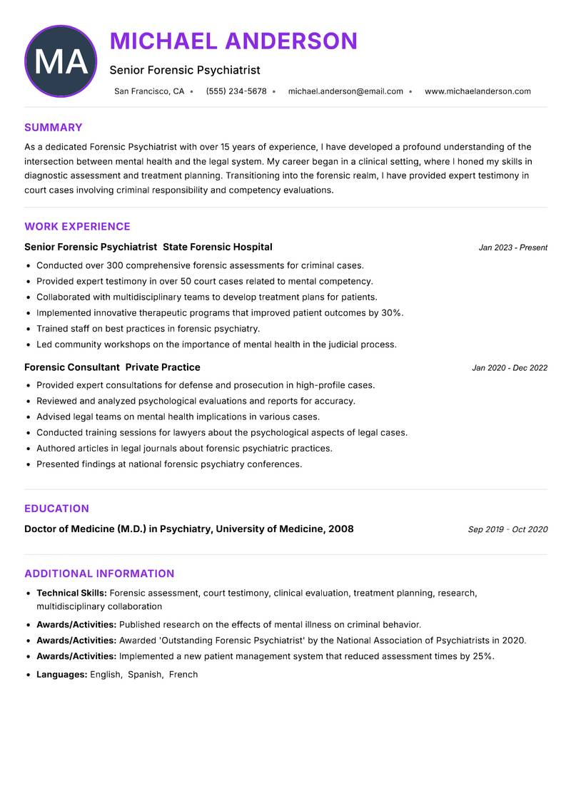 Forensic Psychiatrist resume example