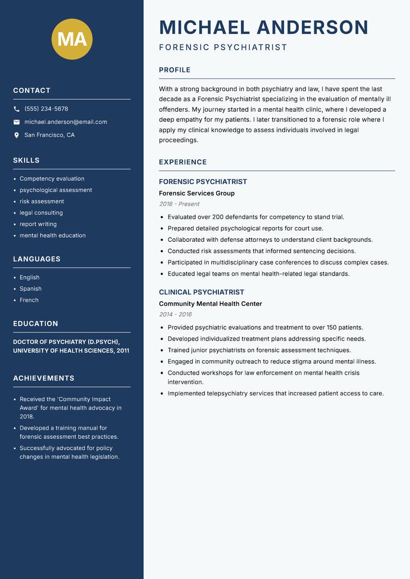 Forensic Psychiatrist resume sample — Forensic Psychiatrist focus
