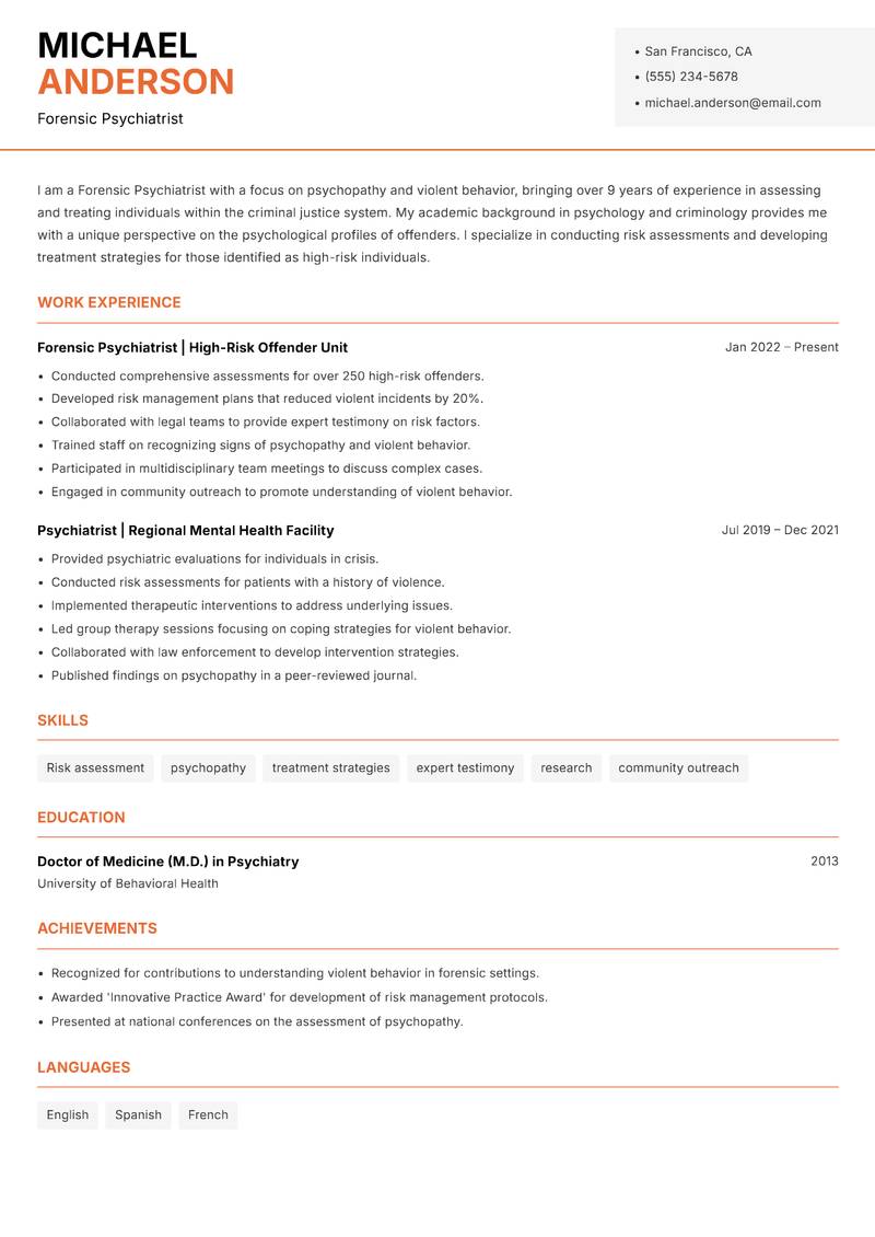 Forensic Psychiatrist resume sample — Forensic Psychiatrist focus