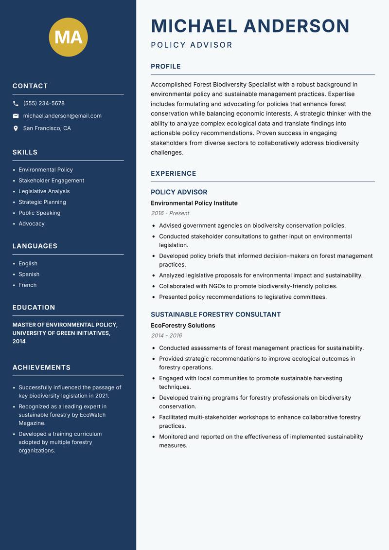 Forest Biodiversity Specialist resume sample — Policy Advisor focus
