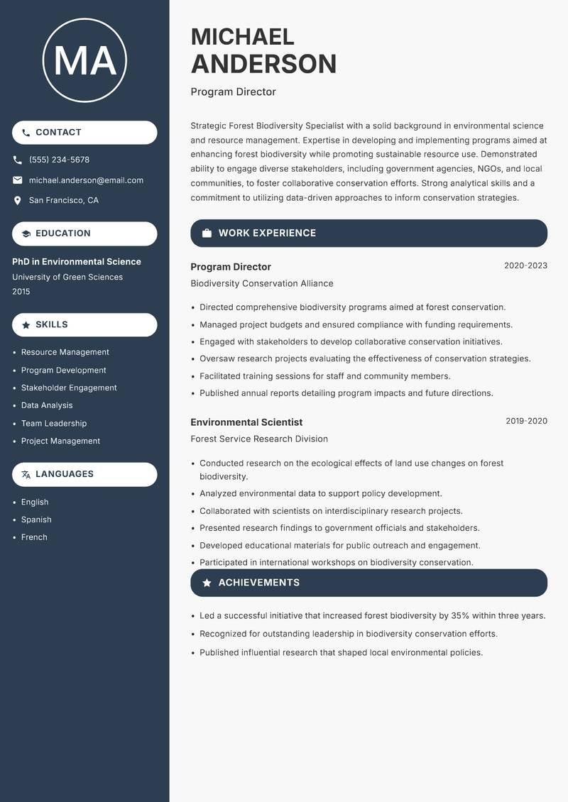 Forest Biodiversity Specialist resume sample — Program Director focus