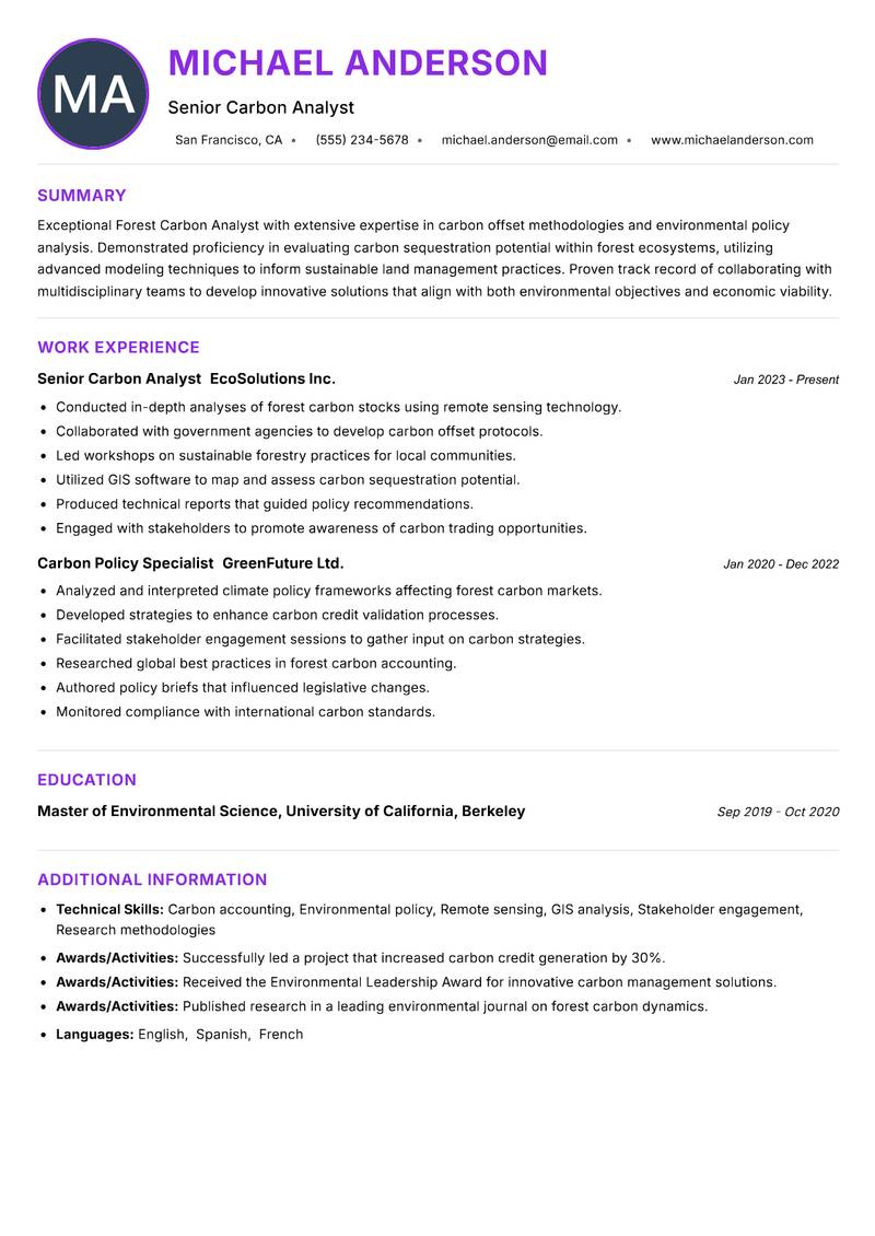 Forest Carbon Analyst resume example