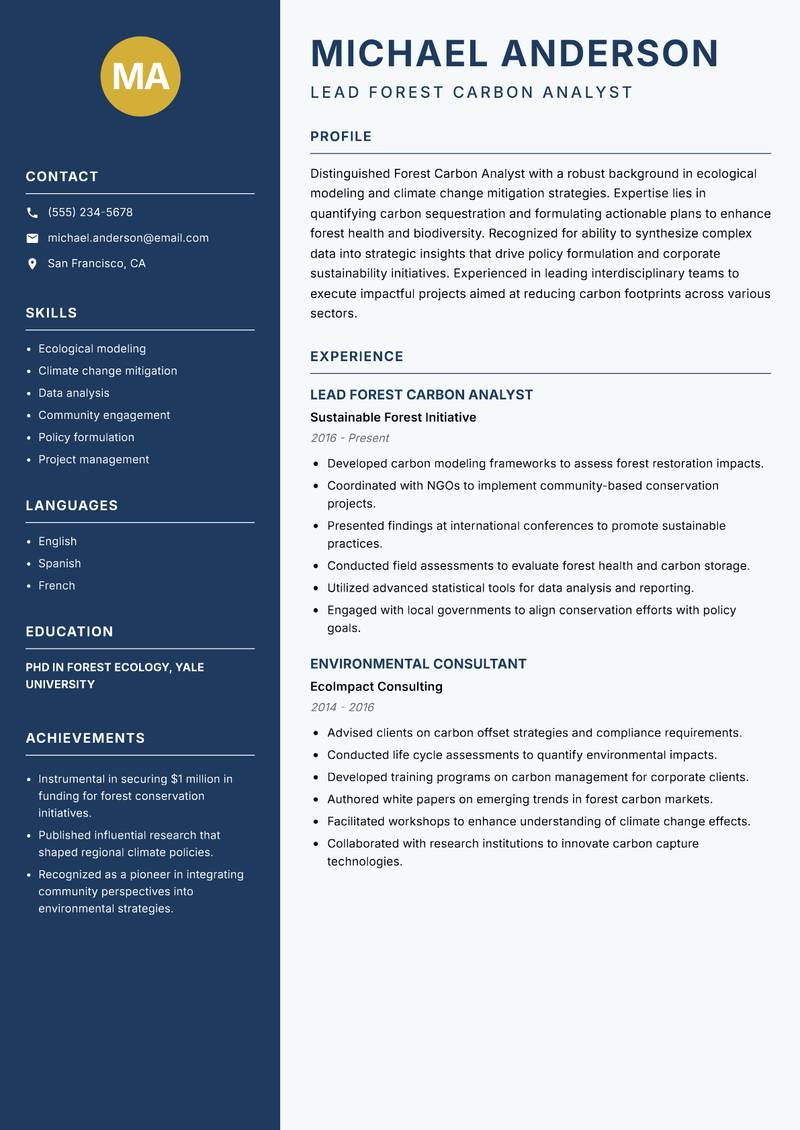 Forest Carbon Analyst resume sample — Lead Forest Carbon Analyst focus