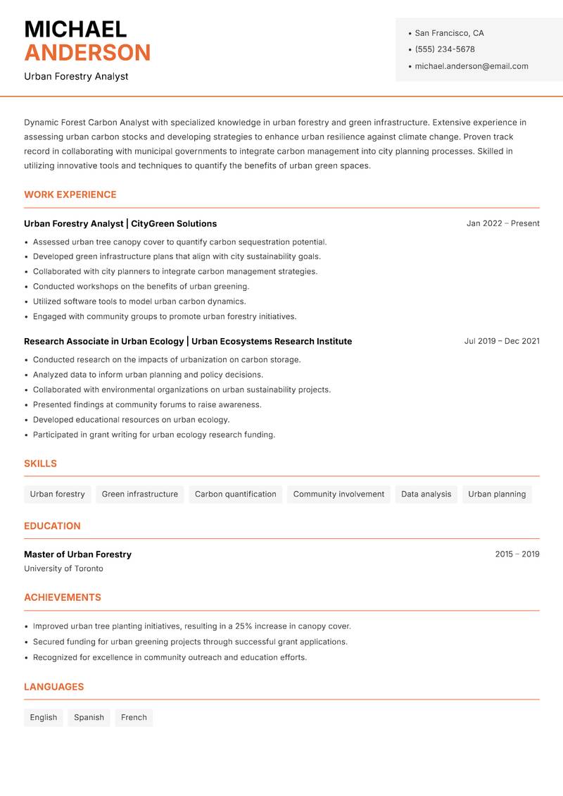 Forest Carbon Analyst resume sample — Urban Forestry Analyst focus