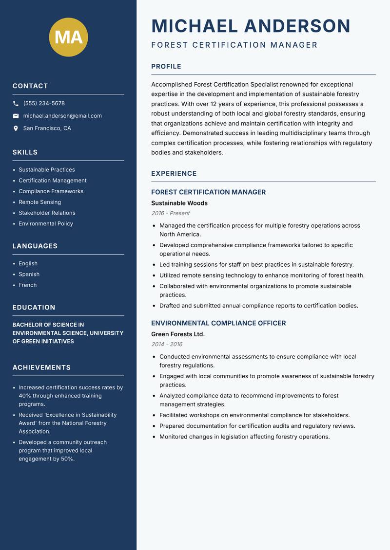 Forest Certification Specialist resume sample — Forest Certification Manager focus