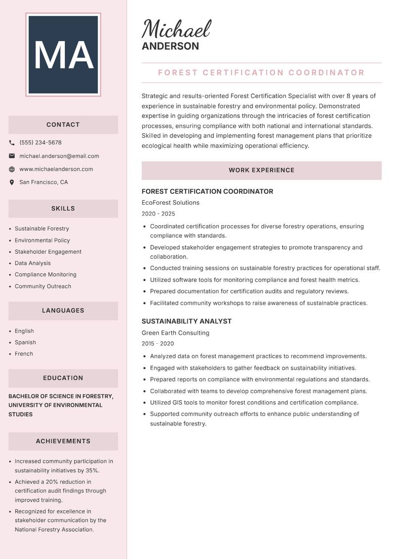 Forest Certification Specialist resume sample — Forest Certification Coordinator focus