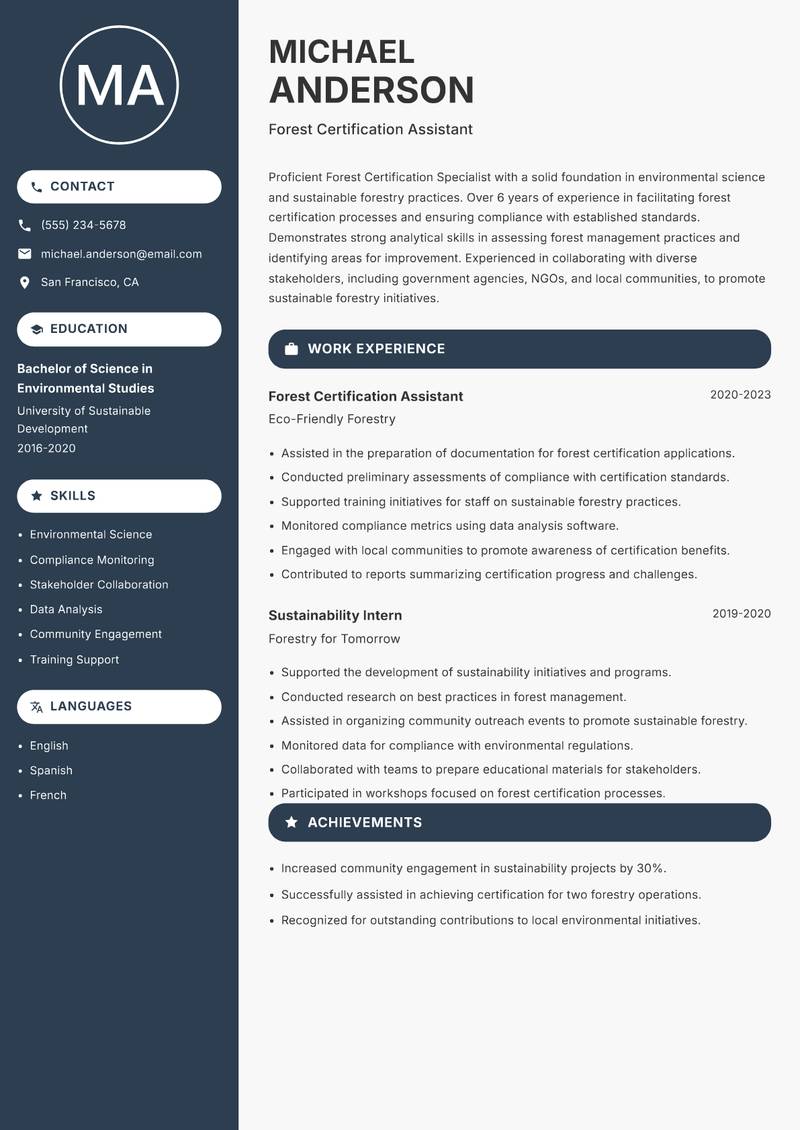 Forest Certification Specialist resume sample — Forest Certification Assistant focus