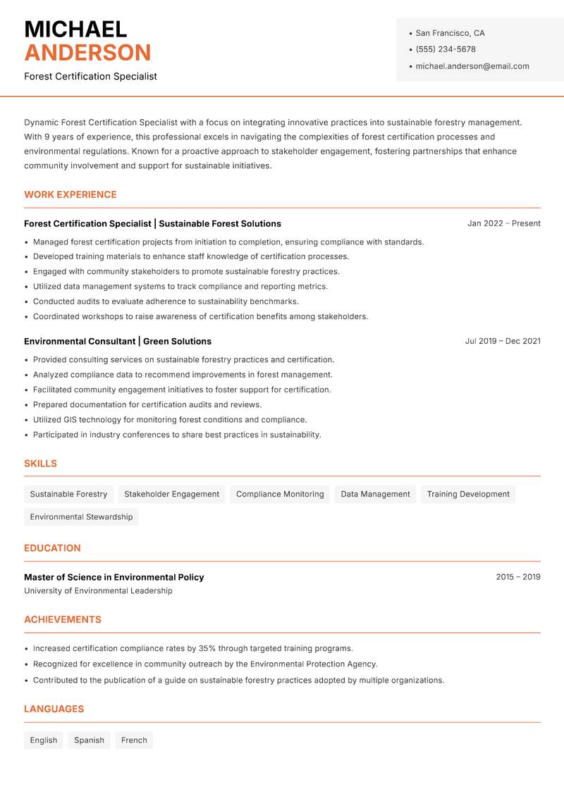 Forest Certification Specialist resume sample — Forest Certification Specialist focus