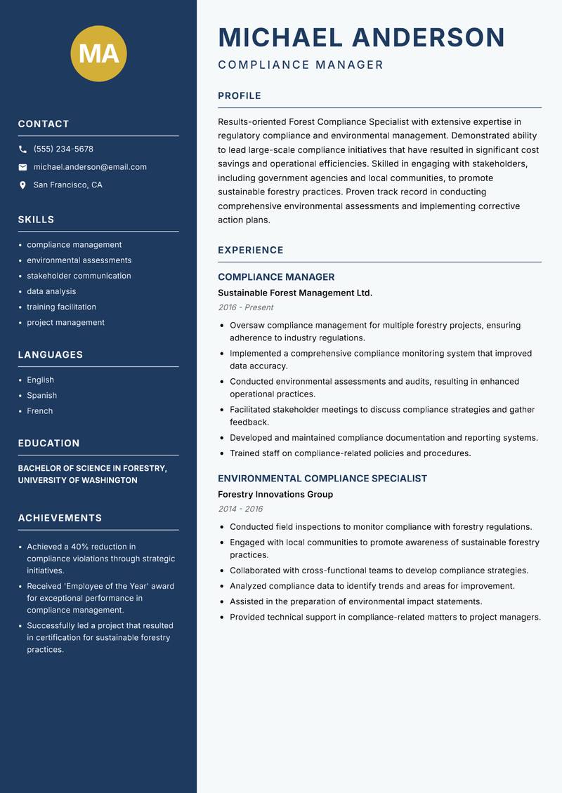 Forest Compliance Specialist resume sample — Compliance Manager focus