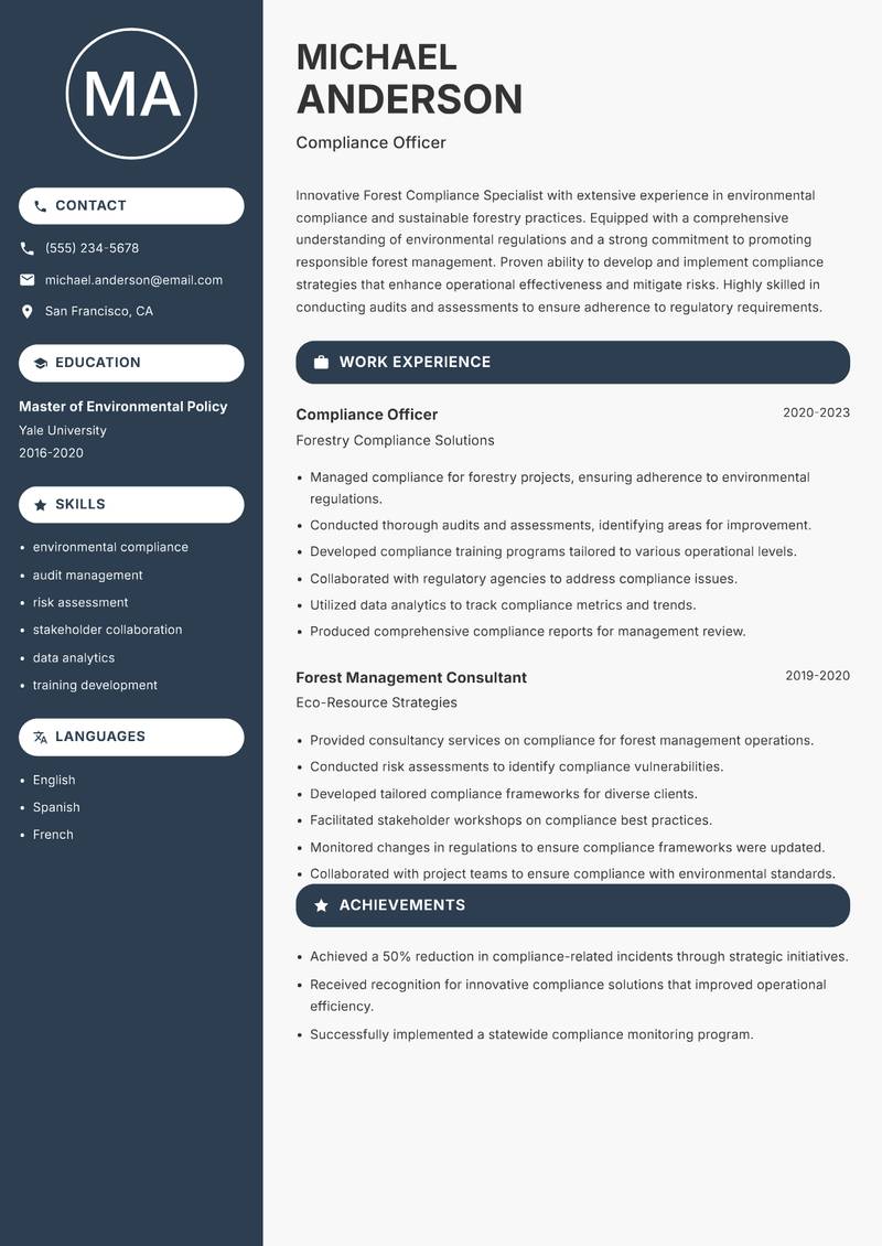 Forest Compliance Specialist resume sample — Compliance Officer focus