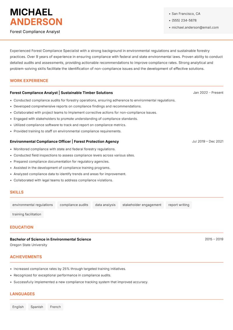 Forest Compliance Specialist resume sample — Forest Compliance Analyst focus