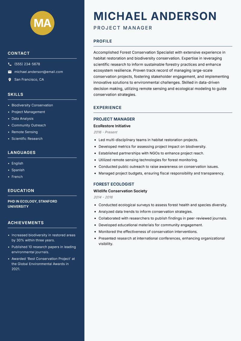 Forest Conservation Specialist resume sample — Project Manager focus
