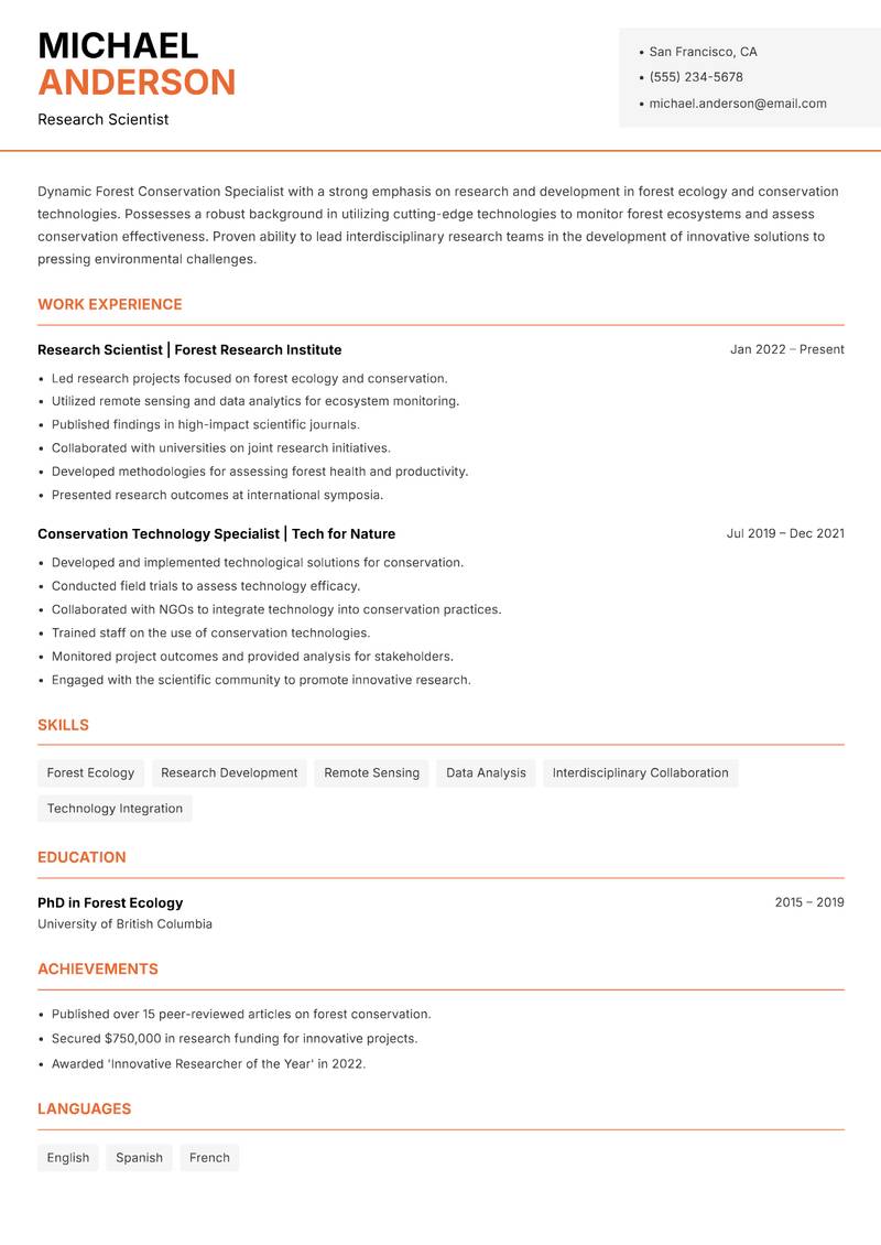 Forest Conservation Specialist resume sample — Research Scientist focus