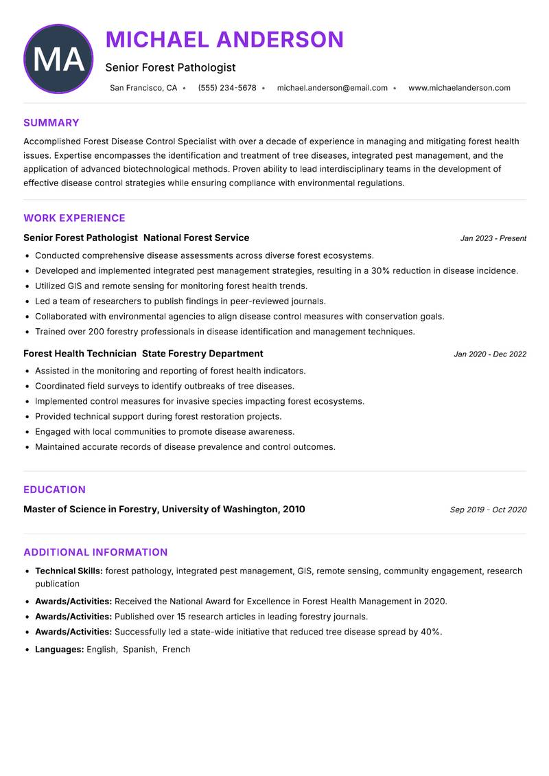 Forest Disease Control Specialist resume example