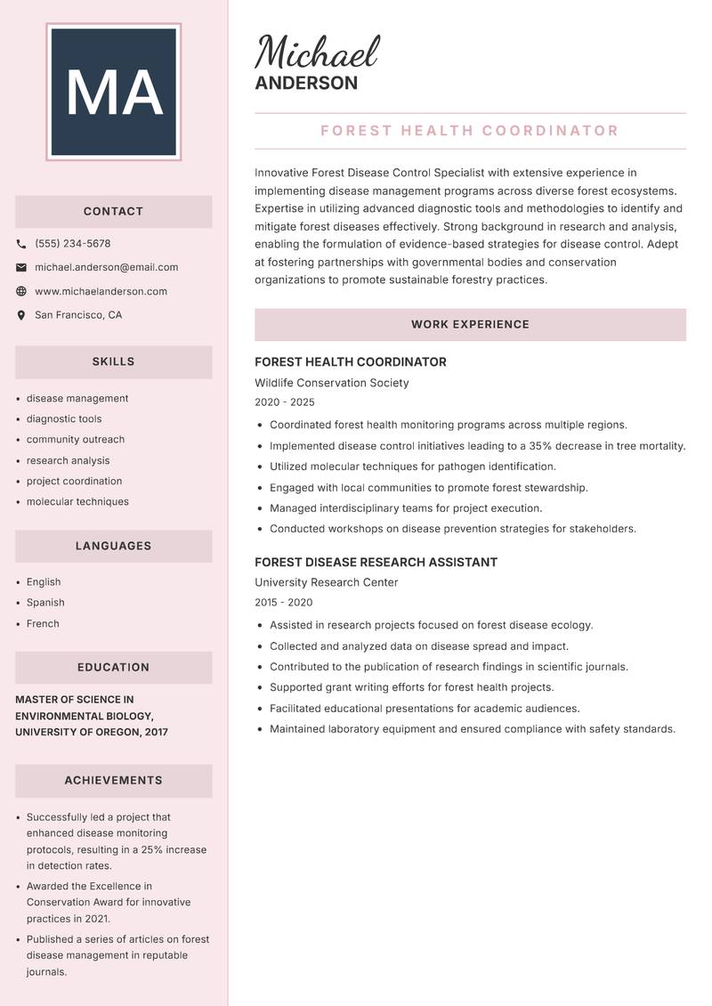 Forest Disease Control Specialist resume sample — Forest Health Coordinator focus