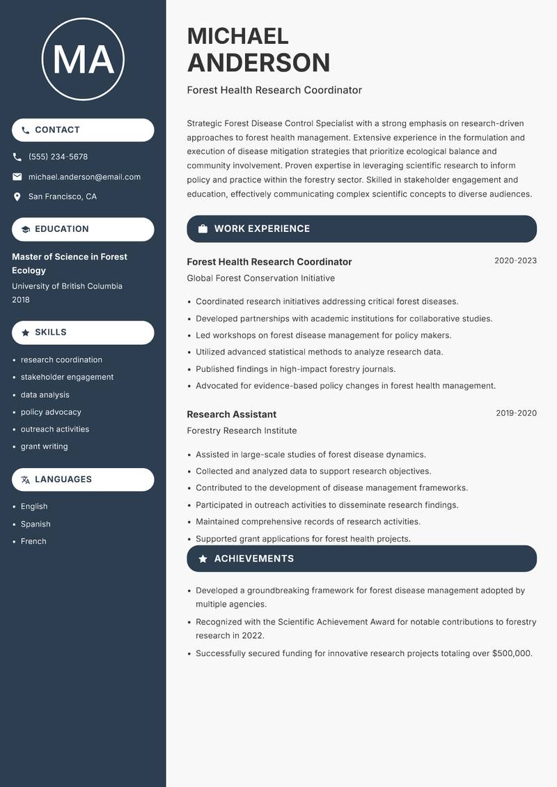 Forest Disease Control Specialist resume sample — Forest Health Research Coordinator focus