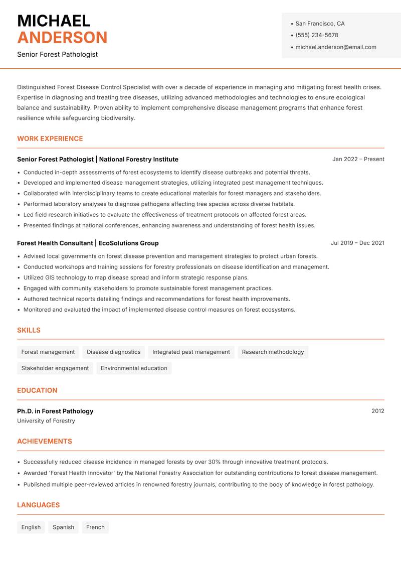 Forest Disease Control Specialist resume sample — Senior Forest Pathologist focus