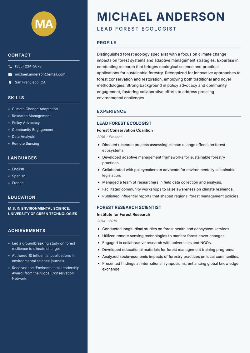 Forest Ecology Specialist resume sample — Lead Forest Ecologist focus