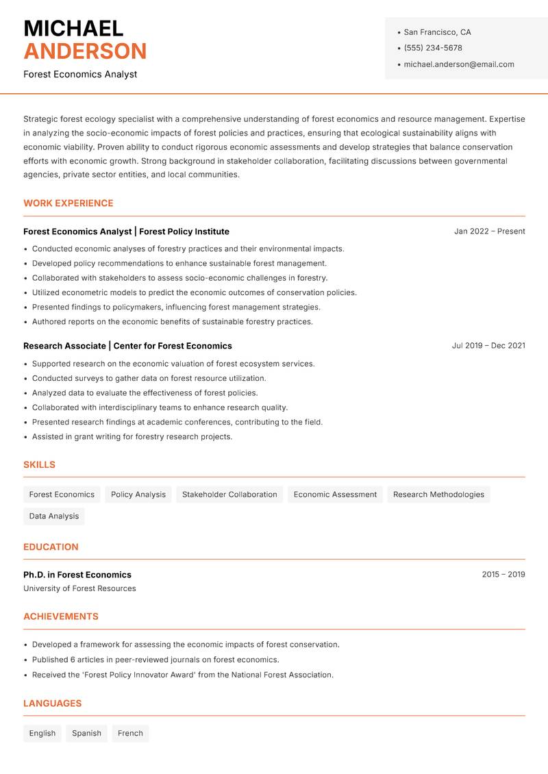 Forest Ecology Specialist resume sample — Forest Economics Analyst focus