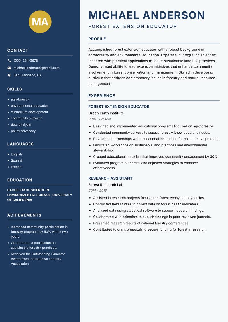 Forest Extension Specialist resume sample — Forest Extension Educator focus