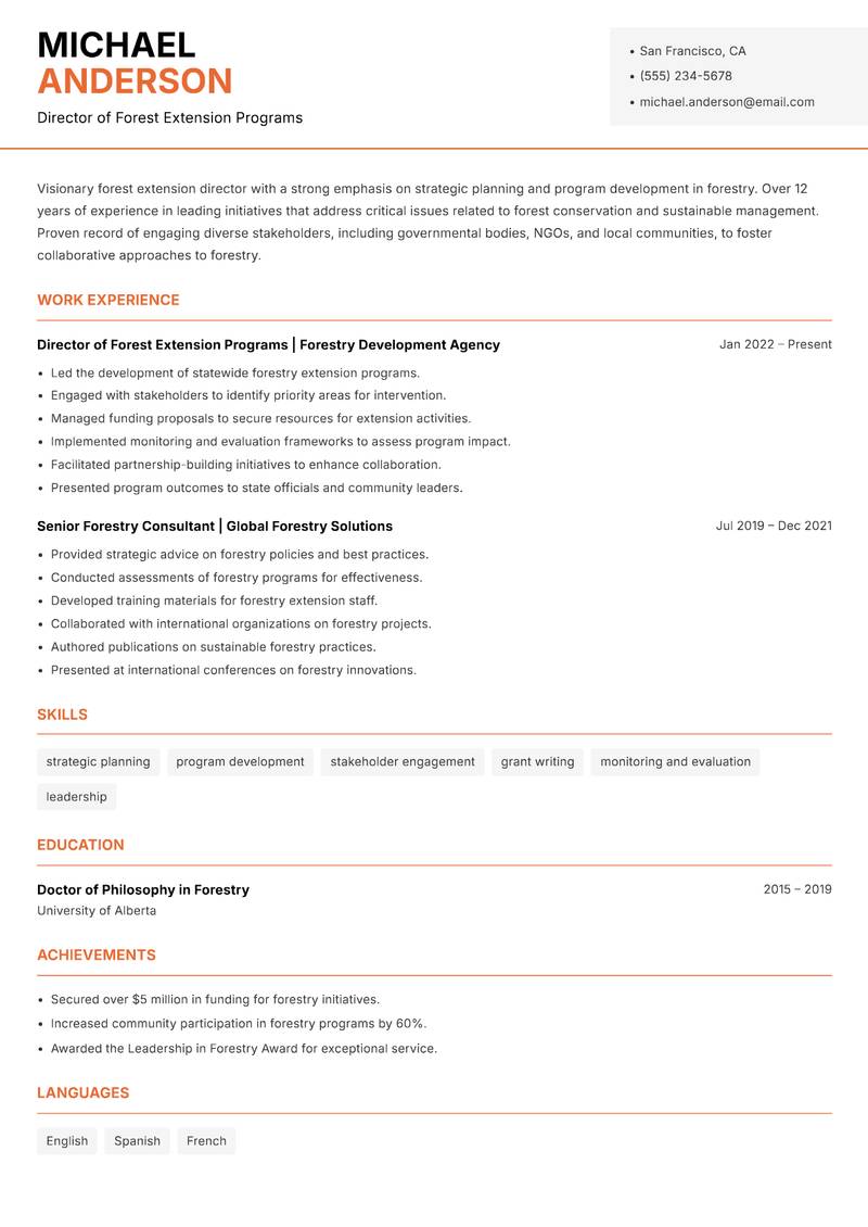 Forest Extension Specialist resume sample — Director of Forest Extension Programs focus