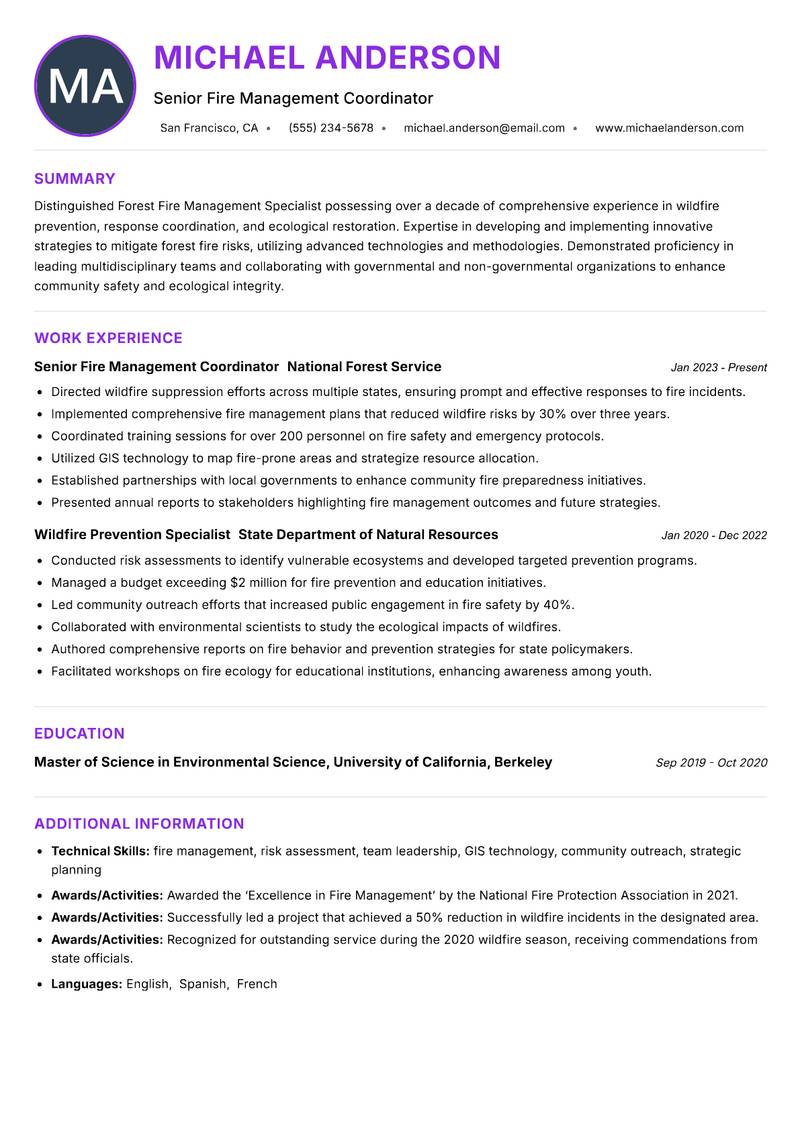 Forest Fire Management Specialist resume example