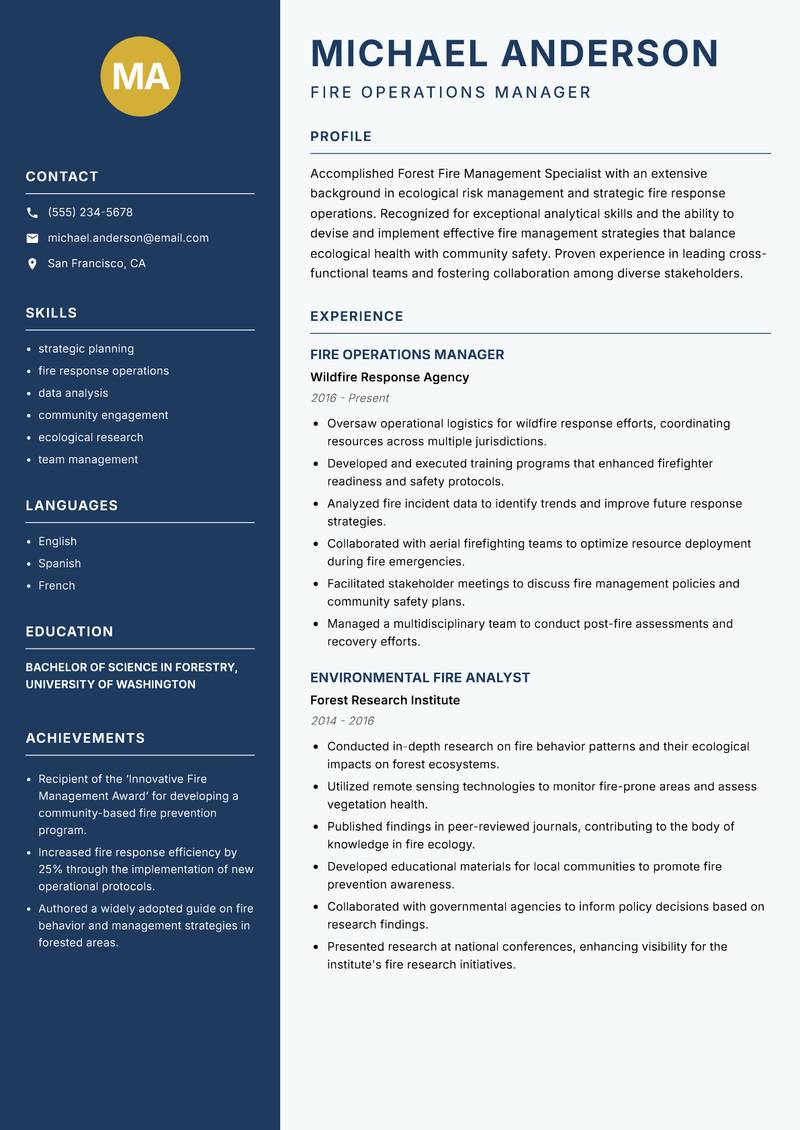 Forest Fire Management Specialist resume sample — Fire Operations Manager focus
