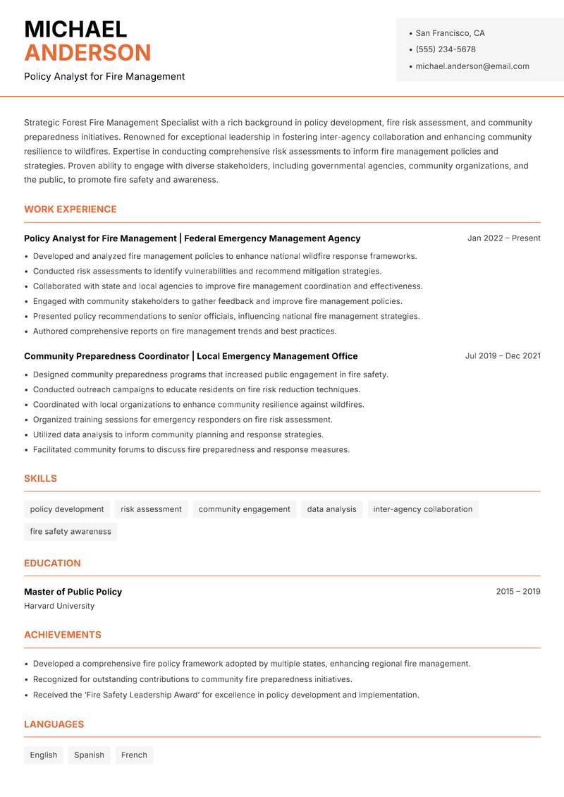 Forest Fire Management Specialist resume sample — Policy Analyst for Fire Management focus