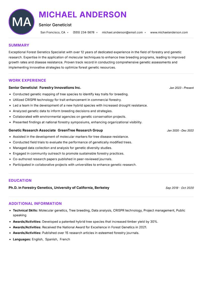 Forest Genetics Specialist resume example