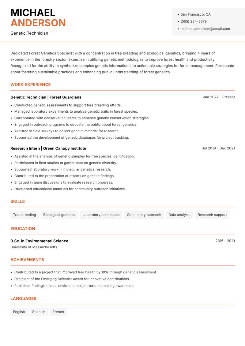 Forest Genetics Specialist resume sample — Genetic Technician focus