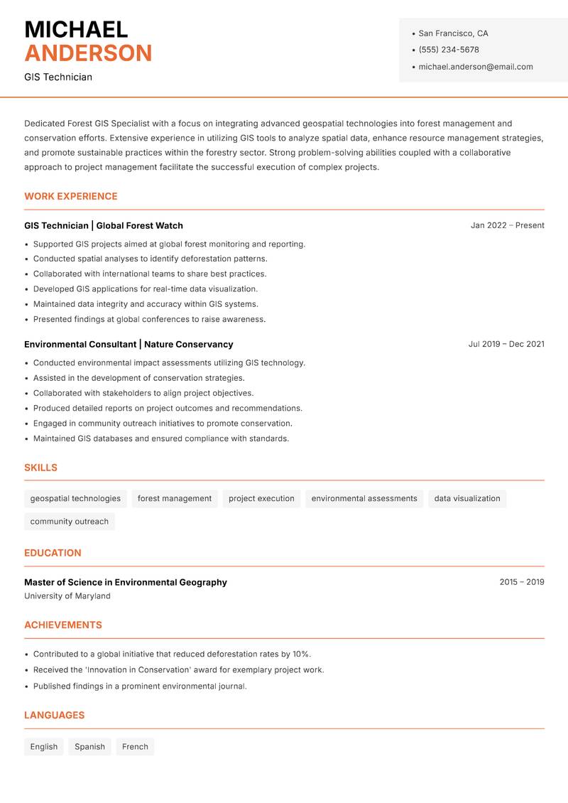 Forest GIS Specialist resume sample — GIS Technician focus