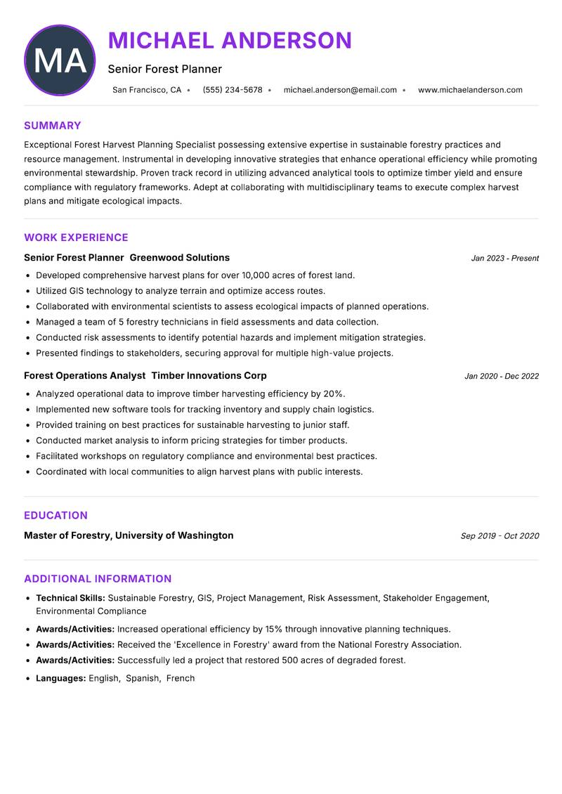 Forest Harvest Planning Specialist resume example