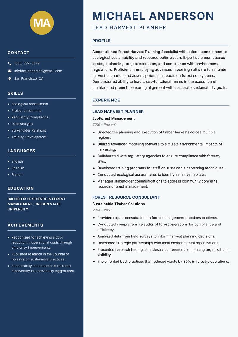 Forest Harvest Planning Specialist resume sample — Lead Harvest Planner focus