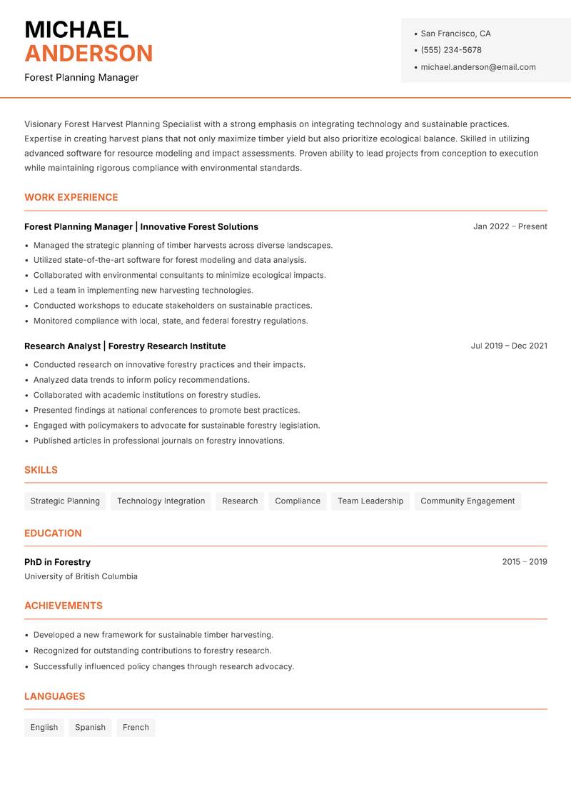 Forest Harvest Planning Specialist resume sample — Forest Planning Manager focus