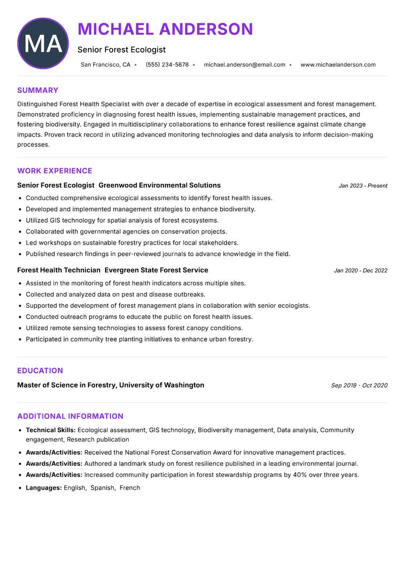 Forest Health Specialist resume example
