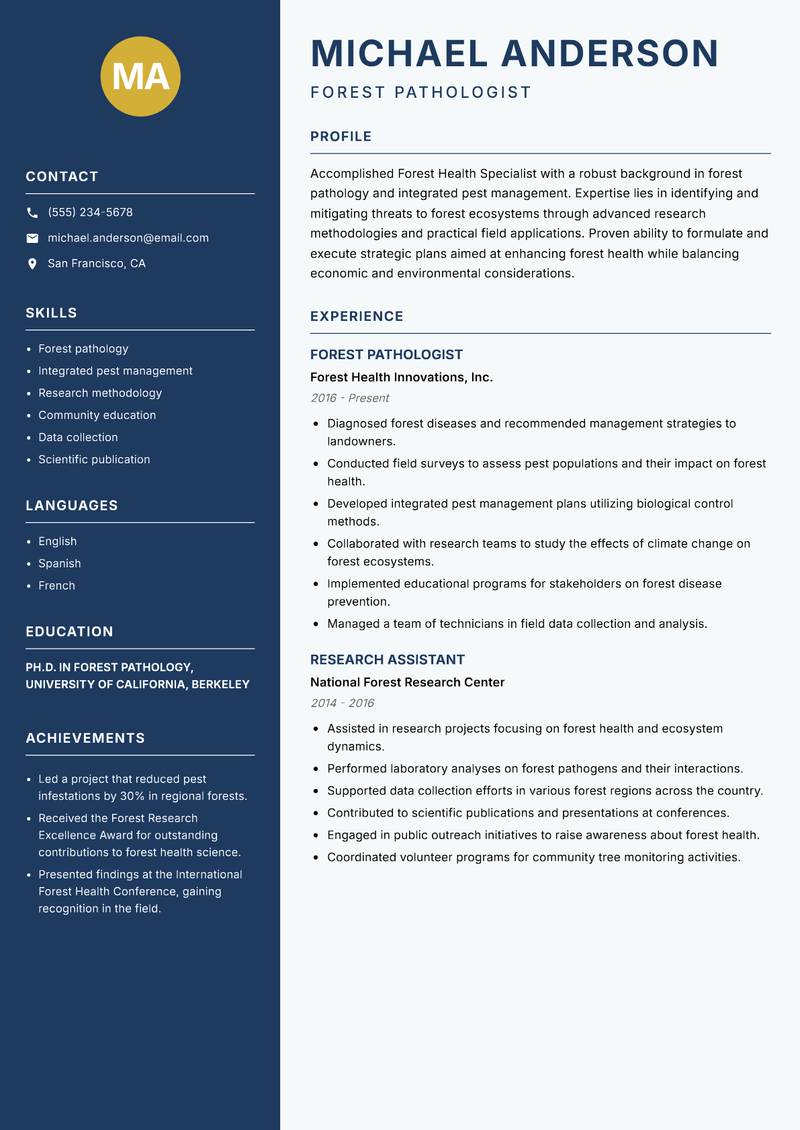 Forest Health Specialist resume sample — Forest Pathologist focus
