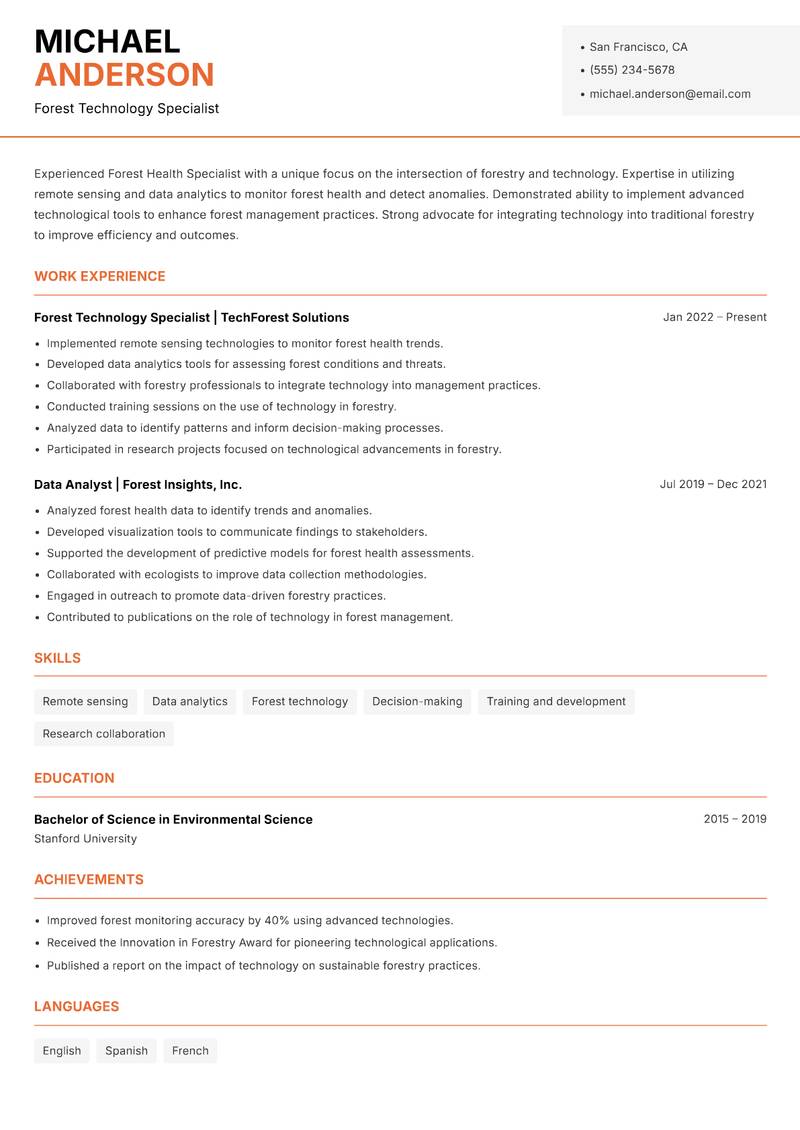 Forest Health Specialist resume sample — Forest Technology Specialist focus