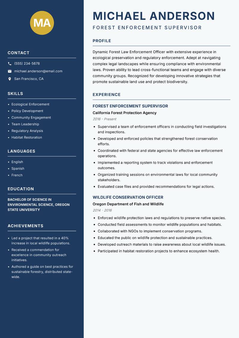 Forest Law Enforcement Officer resume sample — Forest Enforcement Supervisor focus